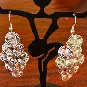 NWT Silver Etched Disc Chandelier Type Earrings. Lightweight. Flashy & Fun.